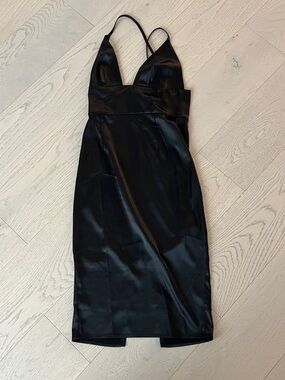 Chic Black Satin Midi Slip Dress with V-Neck
